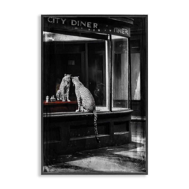 Giclée Diner Noir Leopard Reflection, design par Annabelle Hall, H 24 po x l 16 po, Giclée encadrée noir minuit