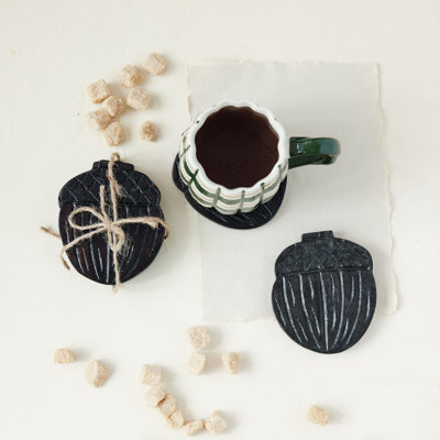 Hand-Carved Mango Wood Acorn Coaster Set