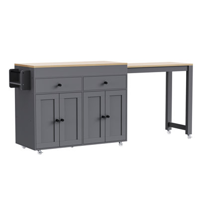  74.5" Kitchen Island with Extendable Table, Rolling Cart with Spice Rack, Storage Cabinet, Grey