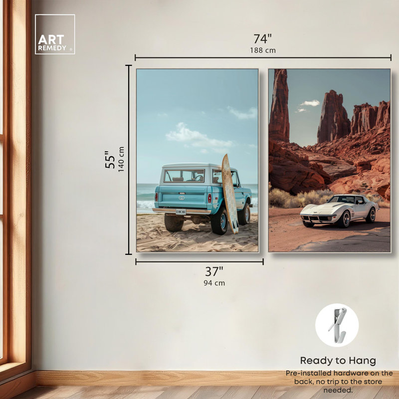 Classic Cars Travel Set, reproduction sur toile par , H 54 po x l 36 po, Encadrement argenté