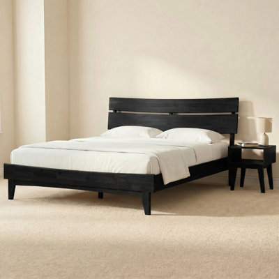 Cadre de lit très grand 2 pièces - cadre de lit en bois massif d'acacia Aurora et table de chevet assortie, Mid-Century moderne, capacité de 800 lb, rangement, sans sommier, facile à assembler