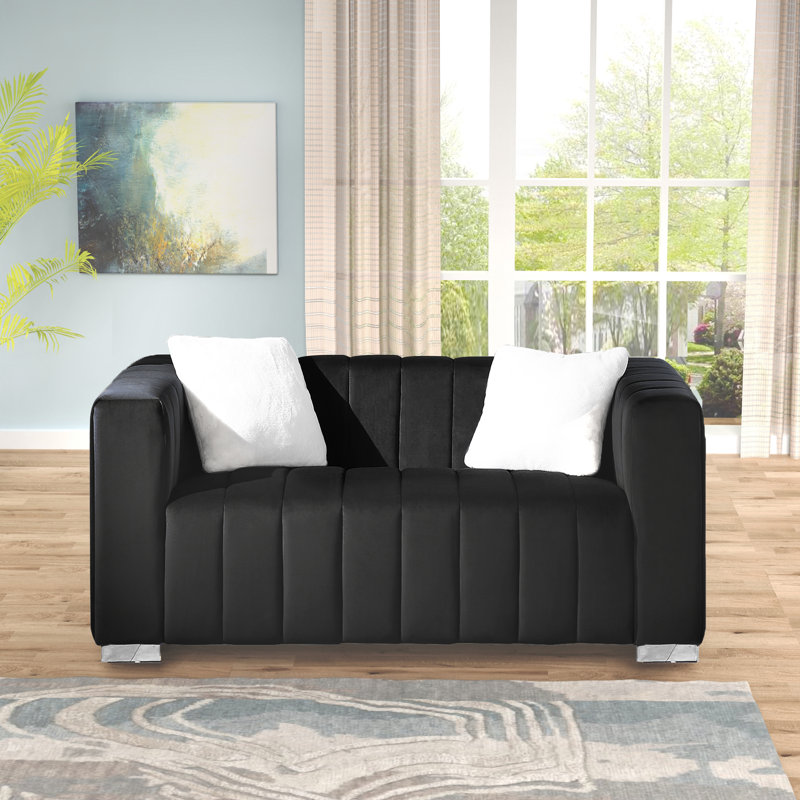 Causeuse en velours à accoudoirs carrés 62,6 po Clifford, Argent argent, Noir, H 27,56 po x l 62,6 po x P 33,86 po