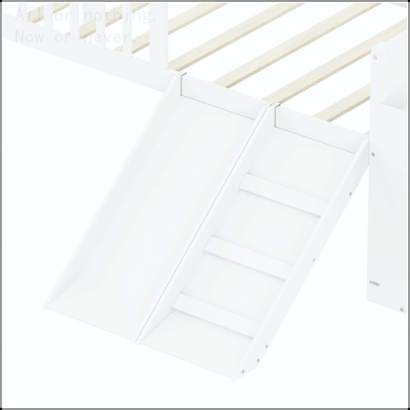 Twin Size Bed Frame with Storage Shelf, Slide, and Ladder, White