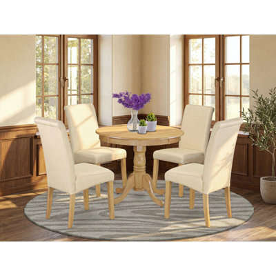 5 Piece Dining Set for 4 Includes a Round Kitchen Table with Pedestal and 4 Light Beige Linen Fabric Parson Dining Chairs, Oak