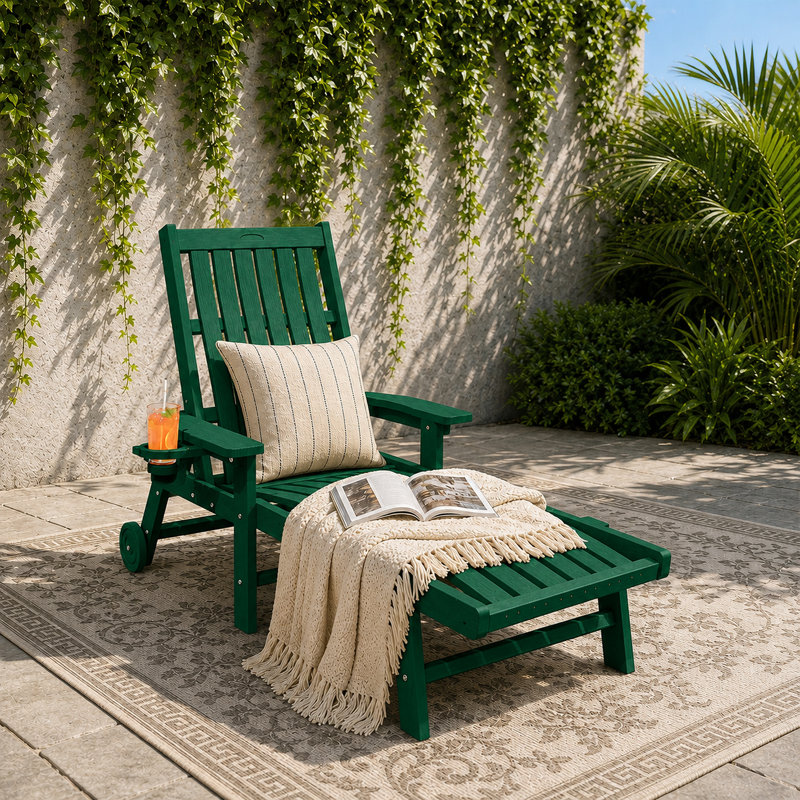 Dareona Outdoor HDPE Adjustable Reclining Chaise Lounge Chair With Wheels & Cup Holder, Green