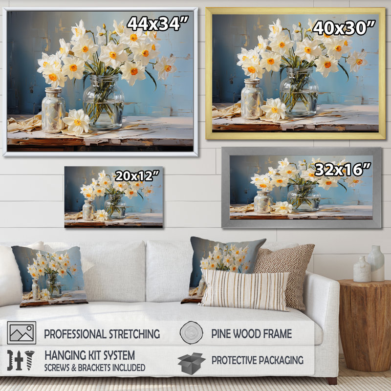 «Daffodils Farmhouse Still Life» sur toile, Cadre flottant noir, H 34 po x l 44 po x P 1,5 po