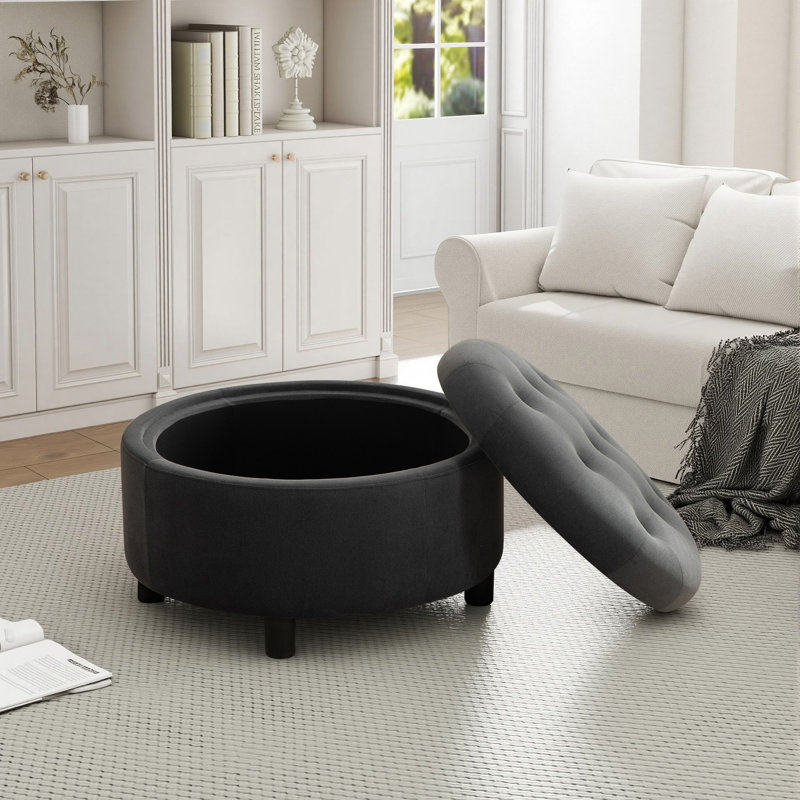 Repose-pieds rembourré rond avec couvercle réversible, Gris