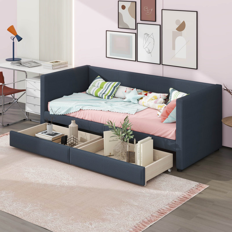 Twin Size Corduroy Daybed With Two Drawers, Gray