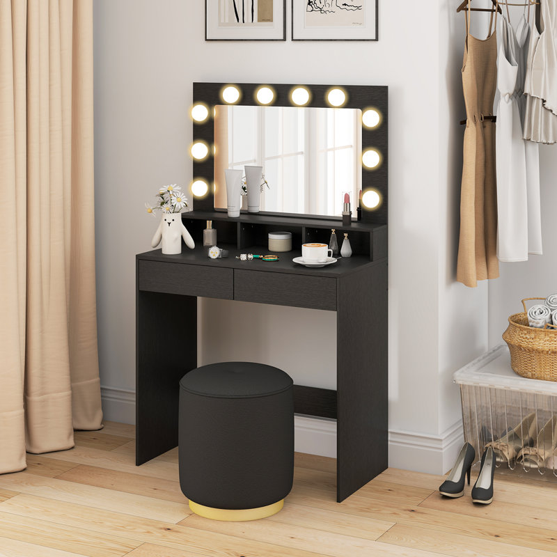 Coiffeuse de maquillage avec miroir à DEL et station de charge, Noir