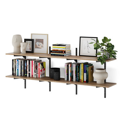 60 Inch Long Floating Wall Shelf Unit, 2 Tier Adjustable Wall Shelf, Wall Mounted Bookshelf For Living Room Decor, Home Organization, Farmhouse, Burnt