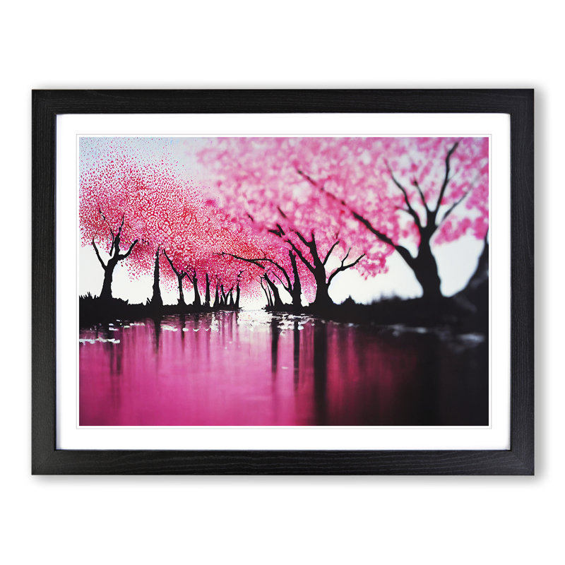 Cherry Blossom Tree Park - Single Picture Frame Painting, 46cm H x 64cm W x 2cm D, Black
