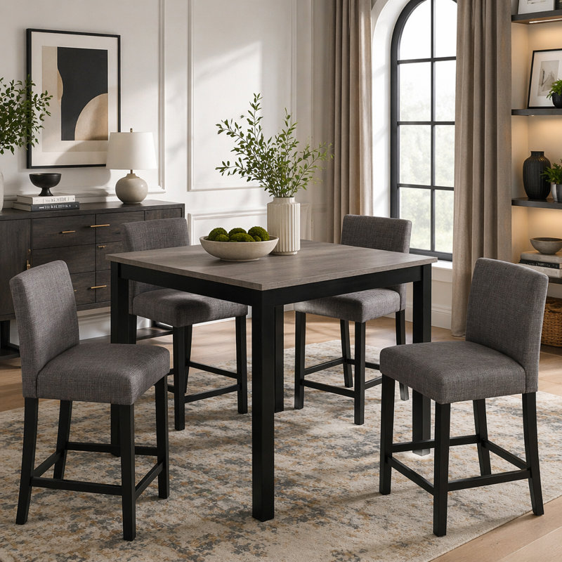 Ensemble de table 5 pièces à hauteur de comptoir avec 4 chaises, ensemble de table à hauteur de comptoir pour 4 avec chaises, ensemble de table à hauteur de comptoir en bois pour la cuisine, la salle à manger, gris clair et noir deux tons