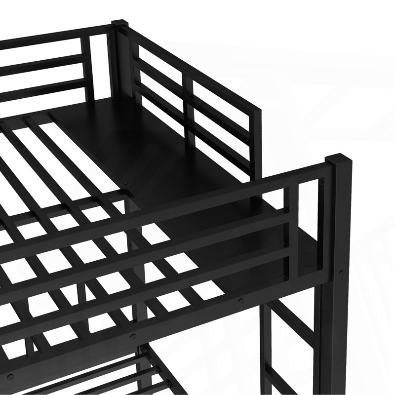 Twin Over Twin & Queen Bunk Bed, Metal Triple Bunk Bed With Safety Guardrails,Space-Saving/Noise Reduced,Black