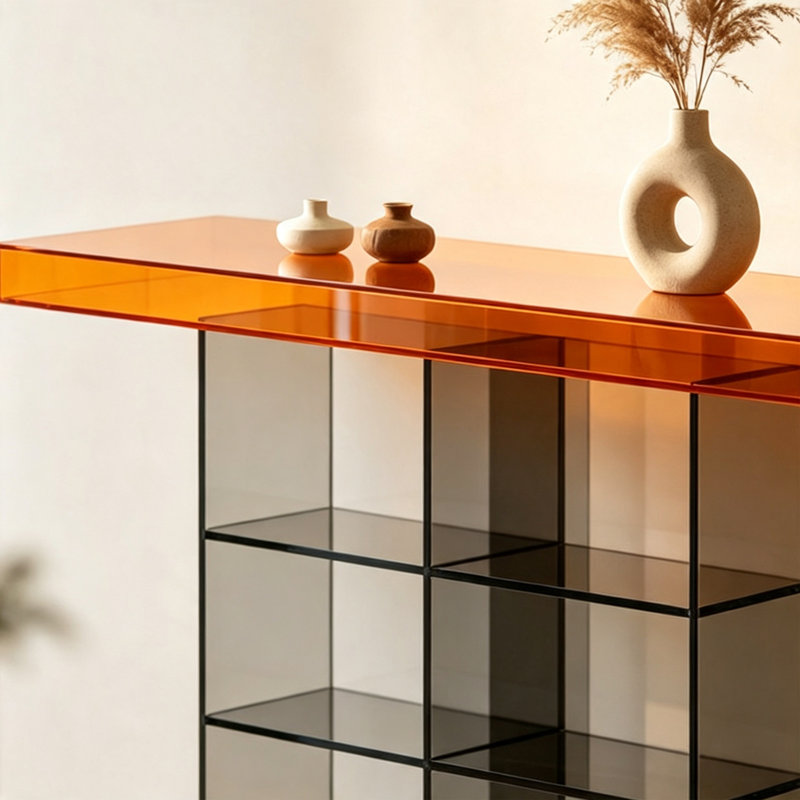 Console orange avec plateau en acrylique, H 29,53 po x l 31,5 po x P 13,78 po