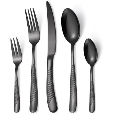 20-Piece Modern Black Hammered Silverware Set, 18/10 Stainless Steel Flatware Set, Titanium Plated Cutlery Set For 4, Heavy Duty Utensil Sets For Home And Restaurant, Dishwasher Safe