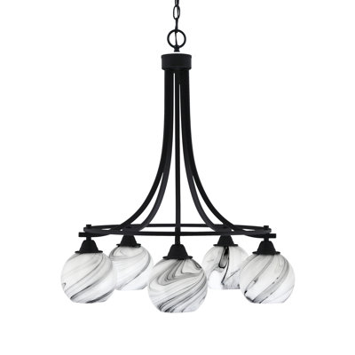 Paramount 5 Light Downlight Chandelier Shown In Matte Black Finish With 5.75" Onyx Swirl Glass