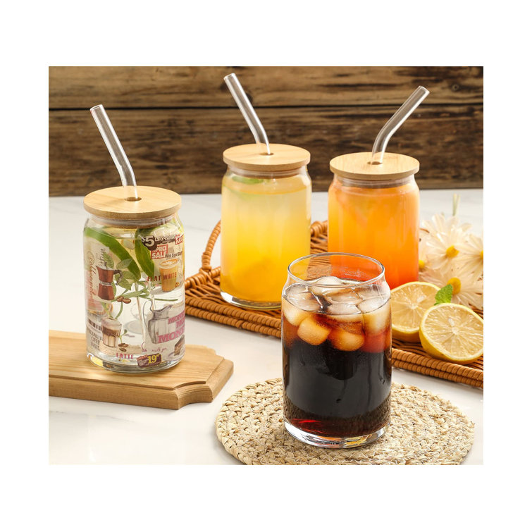 16oz Glass Cups with Lids and Straws 4pcs Set Coffee Bar Accessories Gifts  Cute