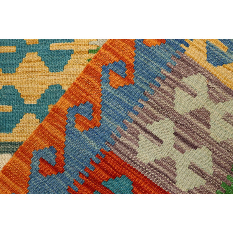 Tapis orange / bleu / jaune en laine à motif géométrique rectangulaire à tissage plat 3 pi 4 po x 4 pi 11 po Atmore