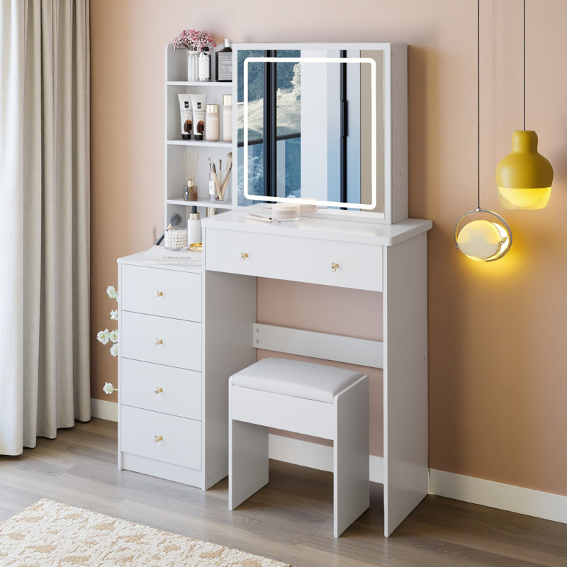 37" Middle Size Left Drawer Desktop Vanity Table + Cushioned Stool, Large Sliding, Touch Control, Tri-Color Switching, Brightness Adjust LED Mirror, High Capacity Storage, Suitable For Large Space