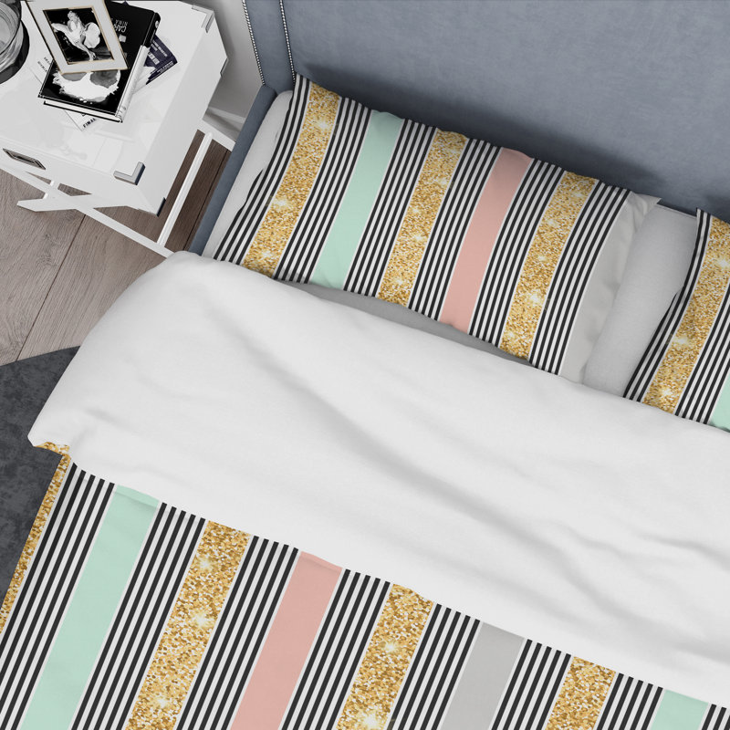 Motif rayé doré et gris - Ensemble de housse de couette abstrait - Microfibre de polyester