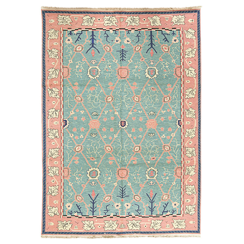 Tapis vert clair et rouge noué à la main de haute qualité