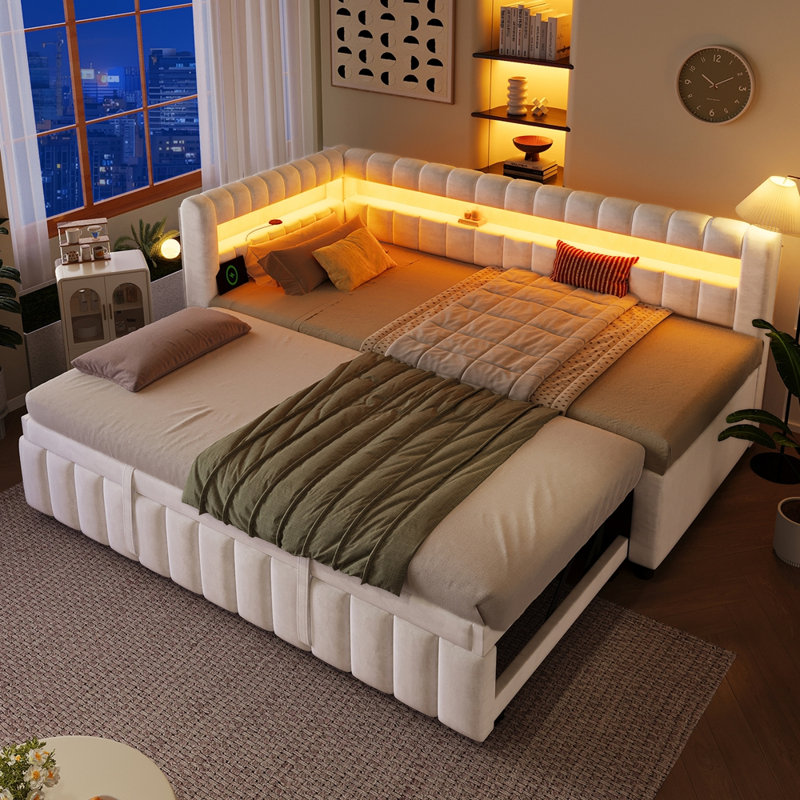 Lit de jour simple TG avec très grand lit avec lumières DEL, USB et lit gigogne escamotable, blanc, White