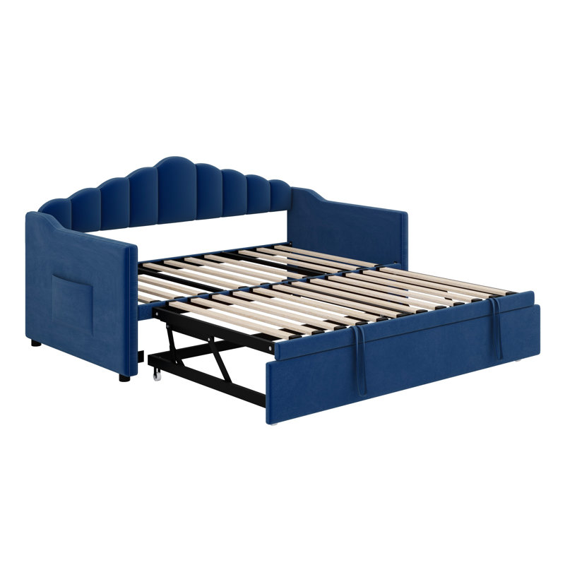 Lit de jour rembourré avec lit gigogne escamotable à hauteur réglable et port de charge USB et Type-C, structure de lit de jour avec 2 poches latérales