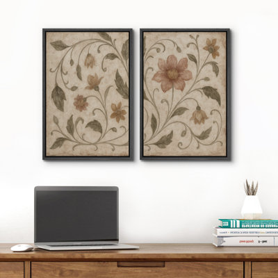 «Vintage Floral Scrollwork», motif botanique dans des tons neutres doux, reproduction d'art sur toile encadrée dans la chambre principale