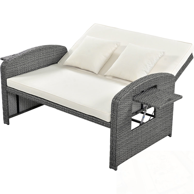 PE Wicker Double Chaise Lounge with soft cushion, White