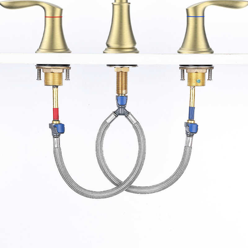 Robinet de lavabo en or brossé, entraxe de 20 cm (8 po) - 2 poignées, 3 trous, bec pivotant à 360°, facile d'entretien, s'adapte à différents besoins d'installation.