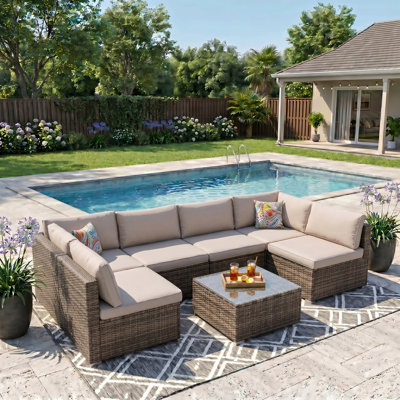 Modern 7-piece Outdoor Patio Furniture Set, Pe Rattan Sectional Sofa Group With All-weather Cushions And Glass Top Coffee Table, Modular Wicker Conversation Set For Backyard, Garden & Poolside