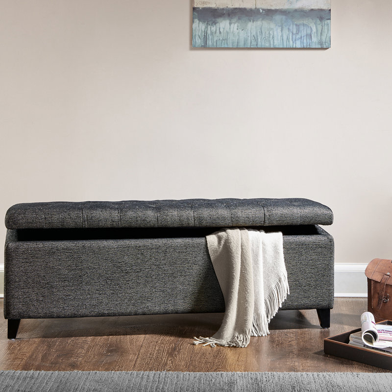 Banc de rangement bouton pour le salon - Pieds noirs à fermeture douce et intérieur gris anthracite pour les essentiels de la chambre à coucher