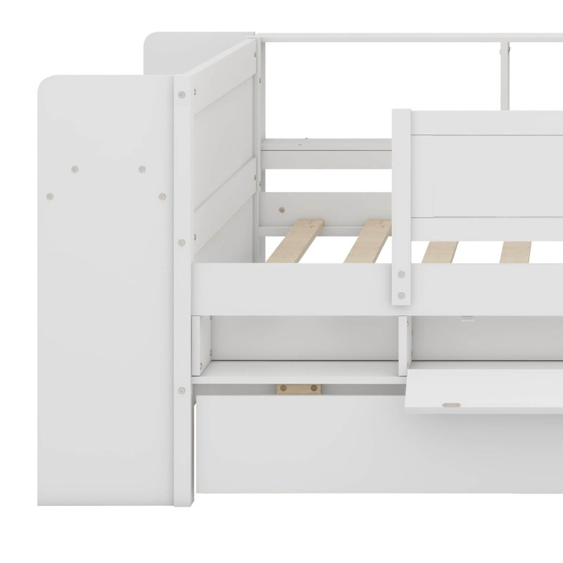 Lit de jour simple avec tiroirs et lit gigogne, lit plateforme en bois avec table et station de charge USB, Blanc