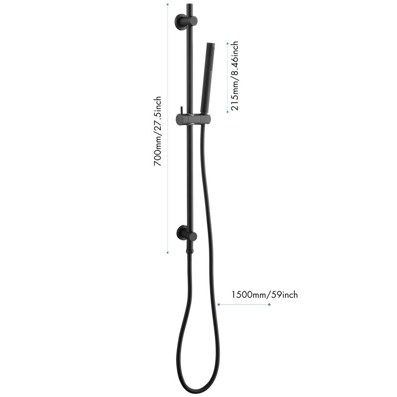Douche à main en acier inoxydable avec hauteur réglable et réglage de l'apparence du boyau noir mat de 59 pouces