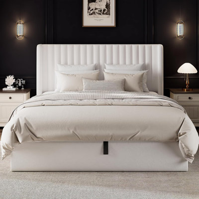 Queen Size Lift Up Storage Bed With Wingback Headboard, Upholstered Velvet Bed Frame With Havy Duty Wooden Slat Support, Hydraulic Storage, Noise Free, Easy Assembly, White