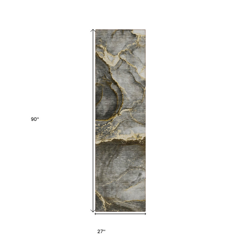8' Runner Gray and Gold Abstract Washable Non Skid Indoor Outdoor Runner Rug