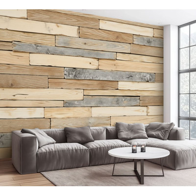 Peel and Stick Wallpaper Rustic Stacked Wooden Planks Natural Beige Grey Tones Wall Murals 100"H x 144"W Removable PVC Wall Paper Self-Adhesive Wall Decor for Bedroom Living Room Home Office