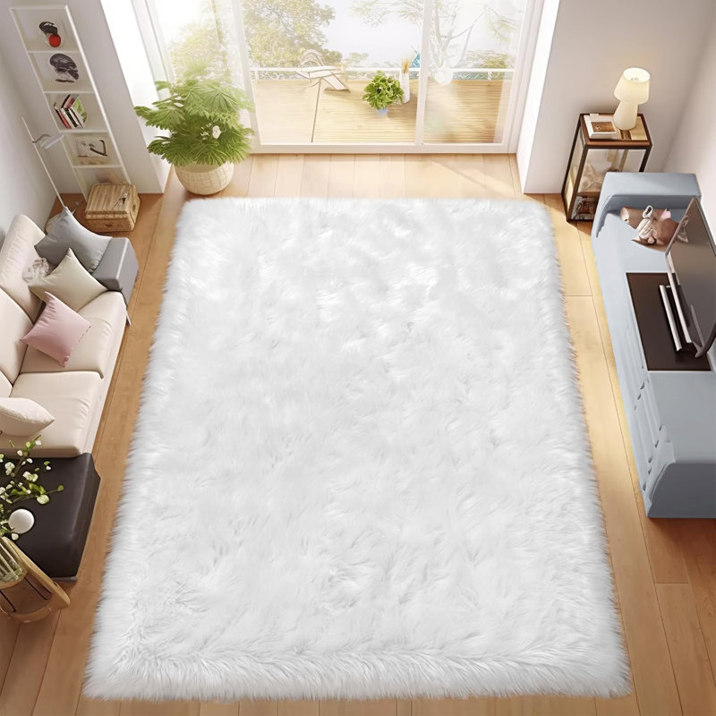 Furry Rug Faux Fur Sheepskin Area Rugs,Cream White High Pile Floor Carpets For Bedroom Shag Plush Carpet, Rectangle 8’ x 10’