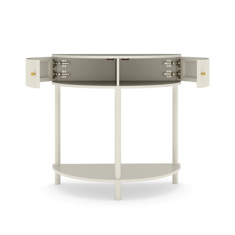 Console Table de bout demi-lune unique avec 2 tiroirs de rangement et une tablette inférieure, Cream White