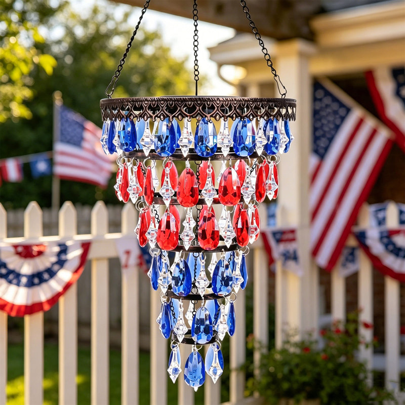 Solar Hanging Crystal Chandelier 27" Tall, Patriotic Red White Blue Star Outdoor Lantern For 4Th Of July, 250Th Independence Day Decor, Waterproof Acrylic Light For Garden Patio Gazebo Party