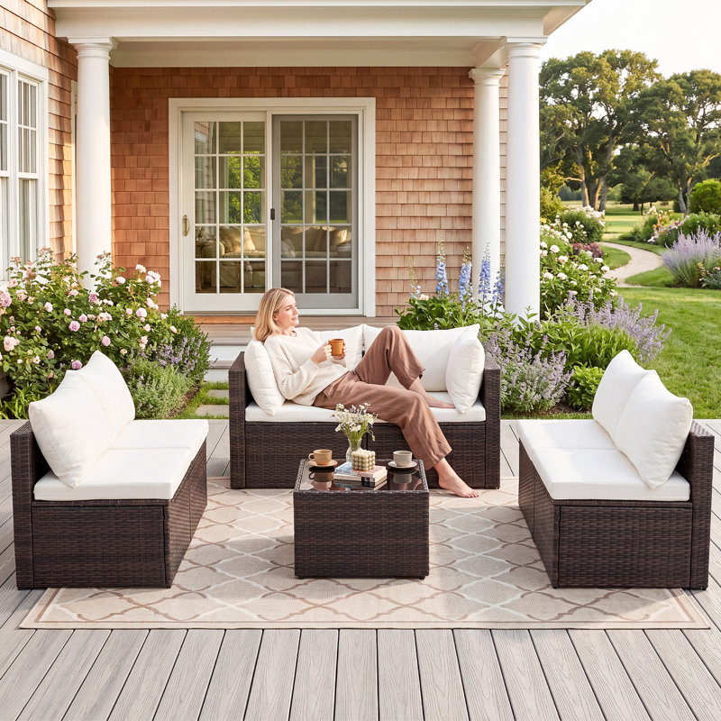 7-piece Modular Patio Conversation Sets with Cushions and Tempered Glass Table, Brown