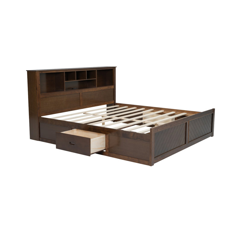 Lit plateforme très grand en bois avec tête de lit à plusieurs tiroirs - construction robuste, couleur antique, tiroirs sans sommier, nécessaire, look élégant