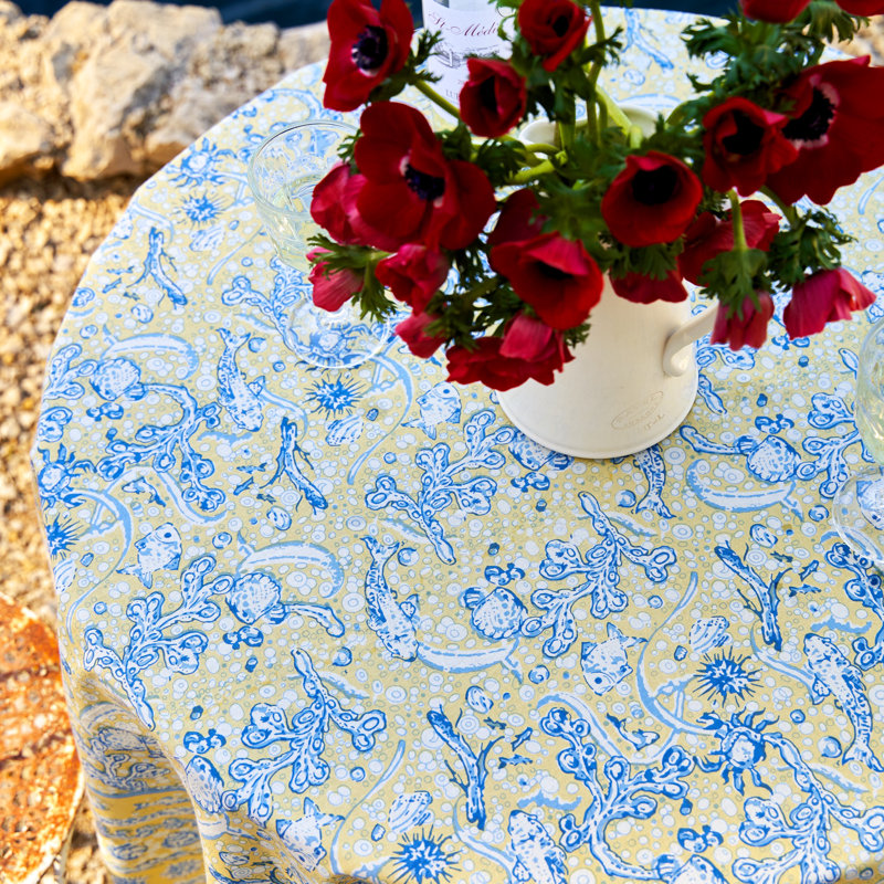 Pickering Tablecloth, 70"  Round, Yellow/Blue