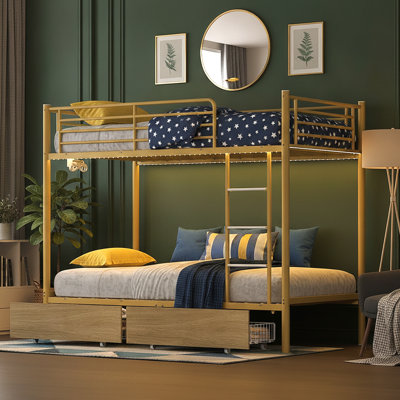 Lit superposé en métal simple au-dessus de simple avec 2 tiroirs de rangement, avec station de charge USB et éclairage à DEL, aucun sommier nécessaire, doré