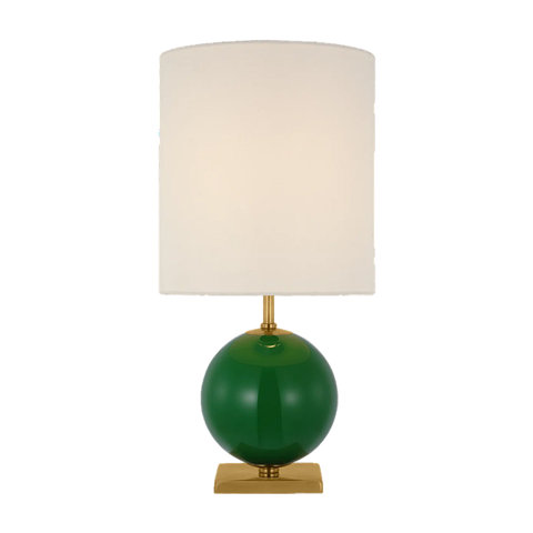 Green and gold sphere table lamp with white shade.