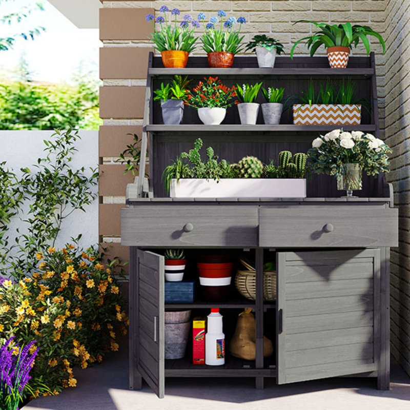 Table de jardin, table de travail en bois de sapin avec tablette de rangement, tiroir et armoire, Grey