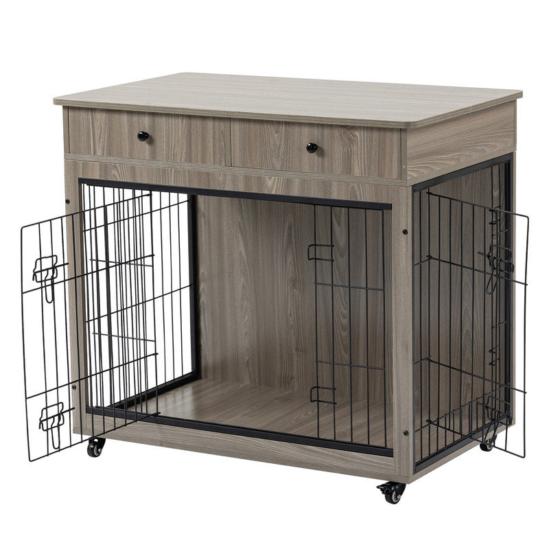 Caisse en bois pour chien avec tiroir, Petit (H 33 po x l 31,70 po x P 23,20 po), Gris