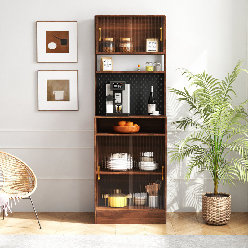Buffet de cuisine avec 2 portes coulissantes en verre rayé, armoire de rangement autoportante pour bouteilles, vin, machine à café, four à micro-ondes, etc.