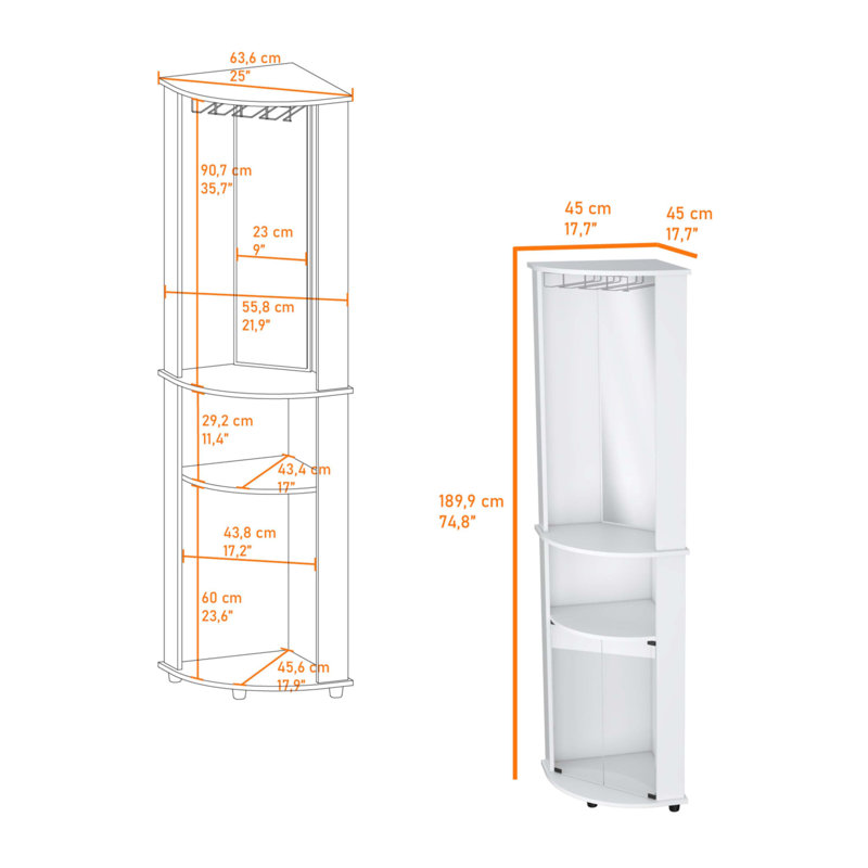 Armoire de bar d'angle blanche à 3 niveaux avec support en verre