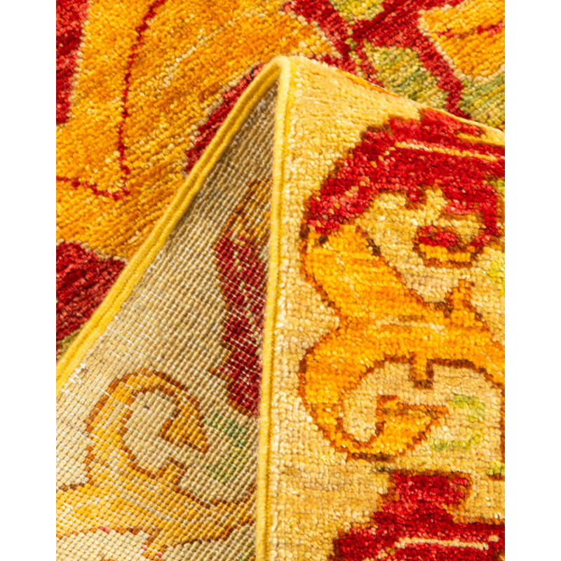 Hand-Knotted Red and Yellow Wool Floral Runner Rug
